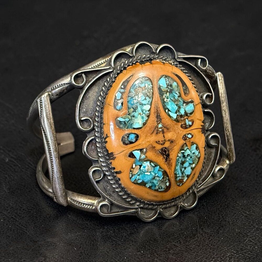 Heavy Vintage Sterling Silver Petrified Wood & Turquoise Chip Inlay Cuff Bracele